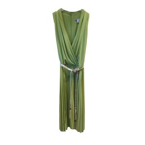 Green V-neck Midi dress with Accordion Skirt 4